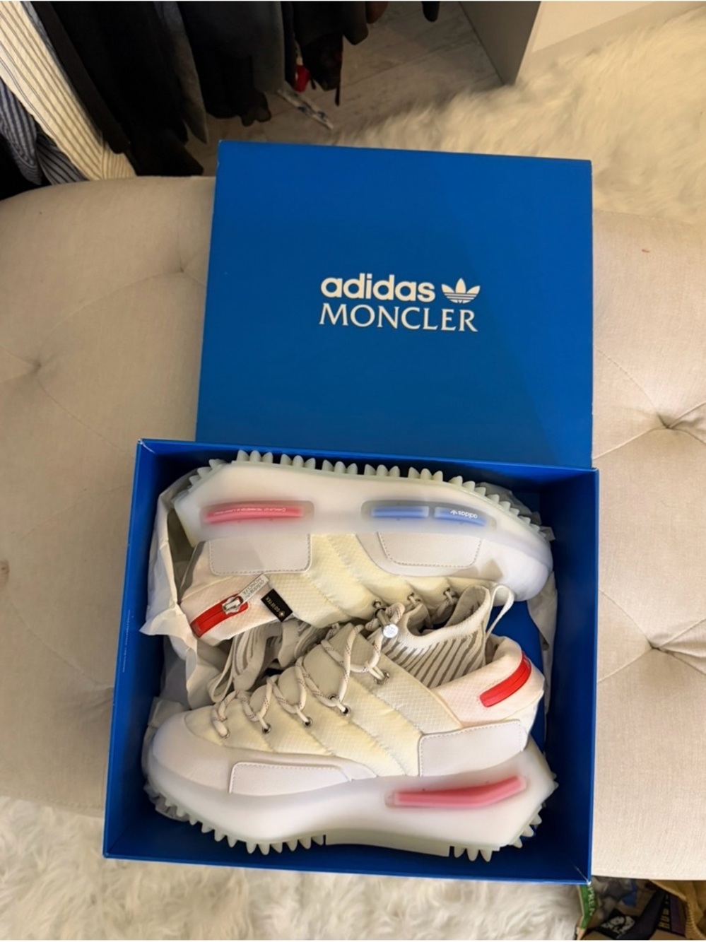 adidas Kids Cream High-Top Sneakers with Pink and Blue Accents